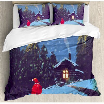 Fantasy Art House Christmas Santa Claus Walking to the Mountain House Surrounded by Pines Duvet Cover Set -  Ambesonne, nev_21787_king