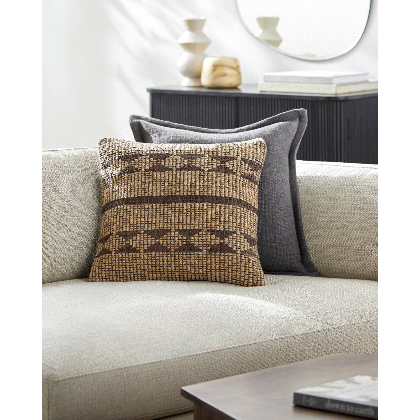 Twareg Geometric Jute / Sisal Throw Pillow, Down Blend, 20"H x 20"W