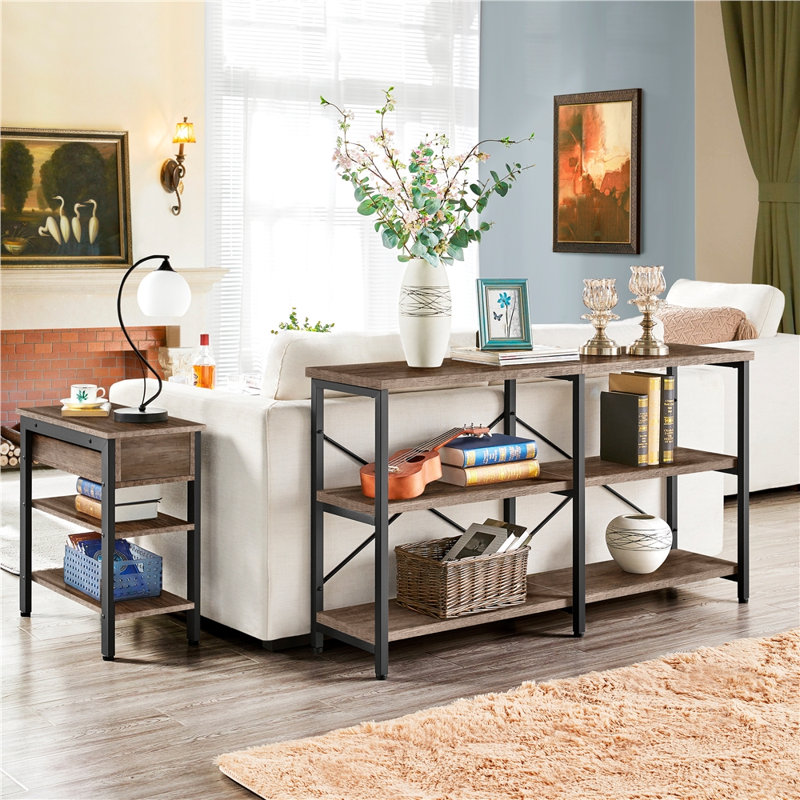 Taupe Wood and Black Metal 3-Tier Industrial Console Table with Storage
