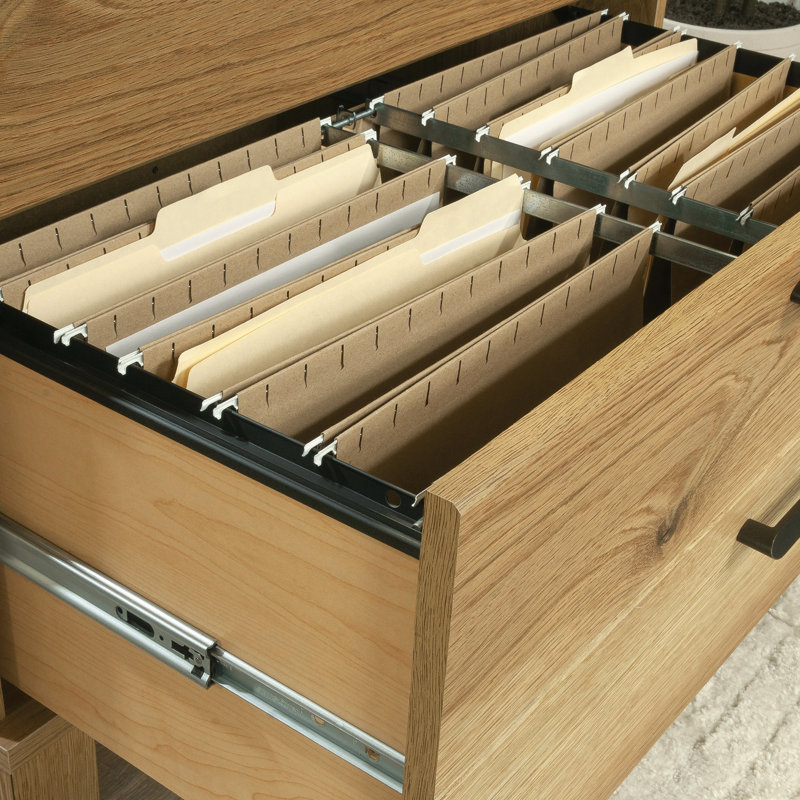 Classeur latéral brun avec conception rustique, fabrication, glissières de tiroir à pleine extension, verrouillage et installation rapide pour les petites surfaces, les espaces de bureau
