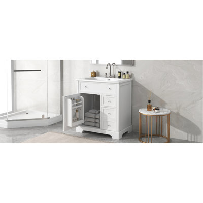 Meuble-lavabo pour salle de bain avec comptoir, meuble-lavabo avec porte et deux tiroirs, planches en panneau de fibres à densité moyenne, bois massif, un ensemble