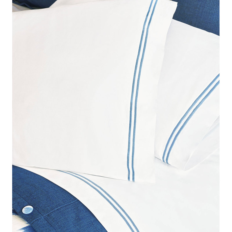 Enzo Egyptian Cotton Percale Sheet Set, Queen Sheet Set + 2 Pillowcase, White/Ocean