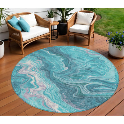 Tapis extérieur rond lavable abstrait bleu sarcelle et gris 8 pi 8 pi