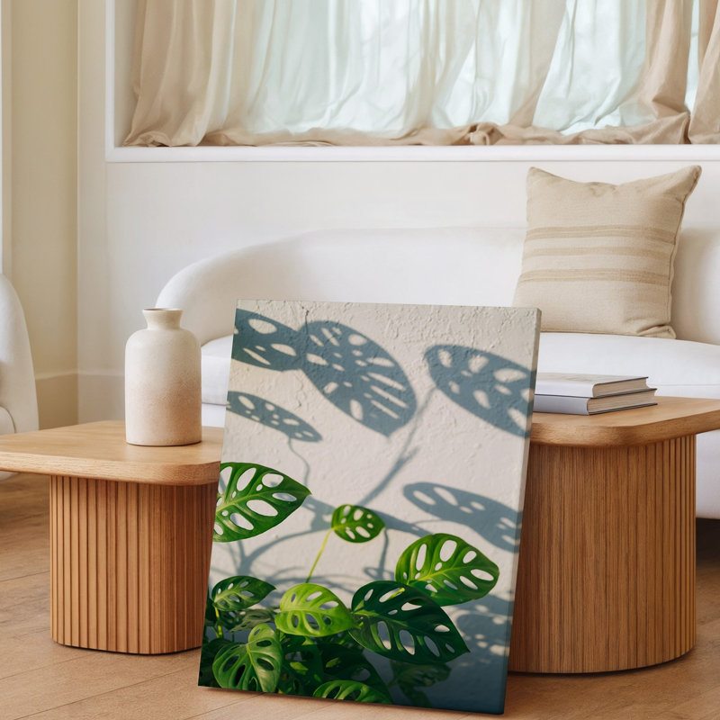 Toile, composition de gros plan avec grandes feuilles de Monstera lustrées, art mural positionné contre un mur blanc texturé à lumière douce