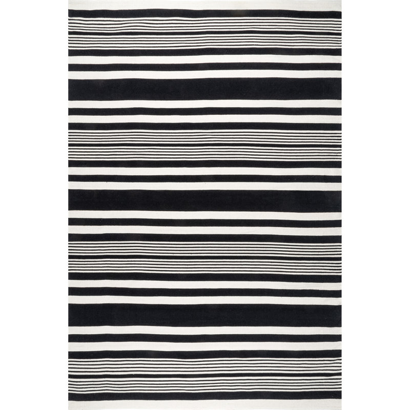 Tapis rayé noir tissé à la main Ruhab, Rectangle 9 pi x 12 pi