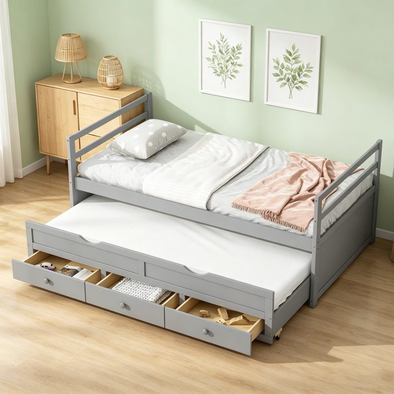 Lit simple en bois de pin avec tête de lit, pied de lit, lit gigogne et trois tiroirs de rangement en gris, parfait pour économiser de l'espace et accueillir des invités.