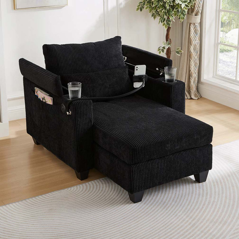 37.4" Sofa Chair Sofa Bed Corduroy Sleeper Sofa with USB Ports, Black