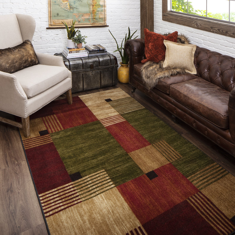 Tapis brun clair / rouge touffeté à motif géométrique Beunka, Rectangle 2 pi 5 po x 3 pi 8 po
