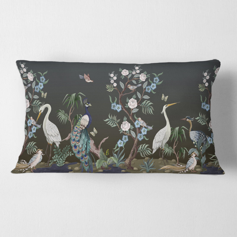 Rectangle, chinoiserie avec oiseaux et pivoines IV - Coussin décoratif traditionnel