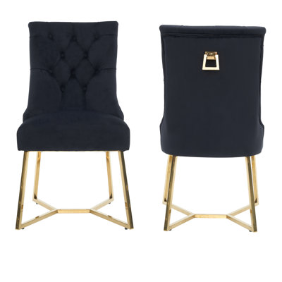 Ambra Modern Velvet Dining Chair With Gold Legs, Ring Handle & Tufted Back