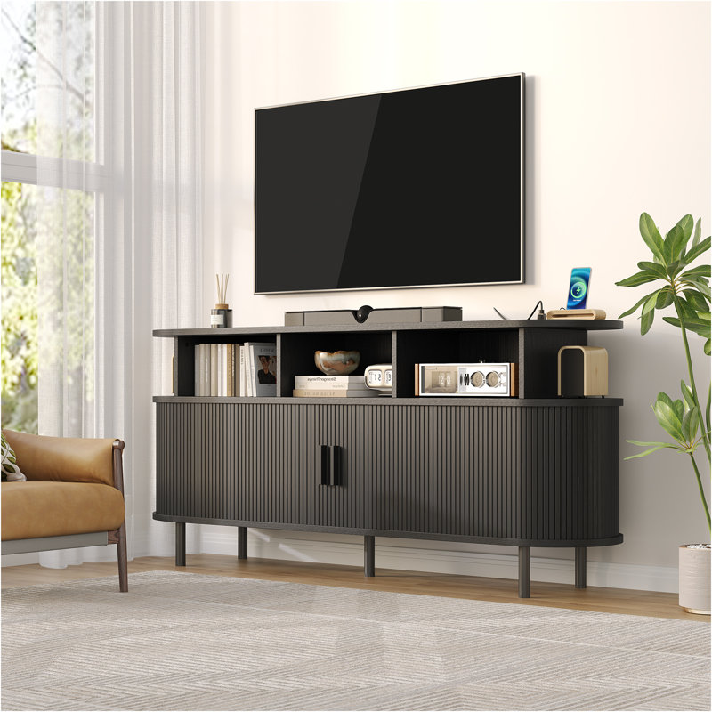 Grand meuble rond pour platine vinyle avec station de charge, meuble de rangement pour disques vinyles avec porte coulissante, meuble de style moderne du milieu du siècle avec étagères ouvertes pour chambre ou salon