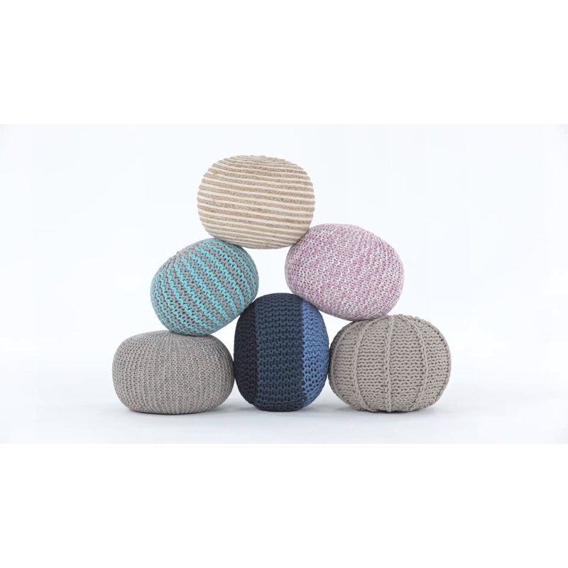 Hand-Knitted Blue Cotton Round Pouf with Polystyrene Filling