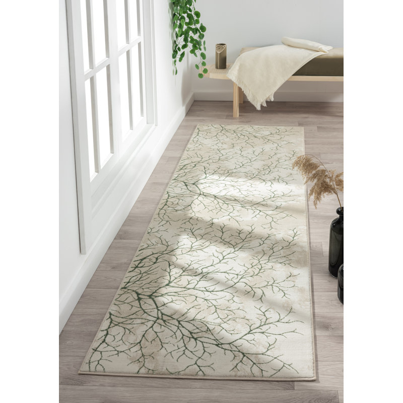 Tapis abstrait vert et beige Ksamil, Tapis de couloir 2 pi 3 po x 7 pi 10 po