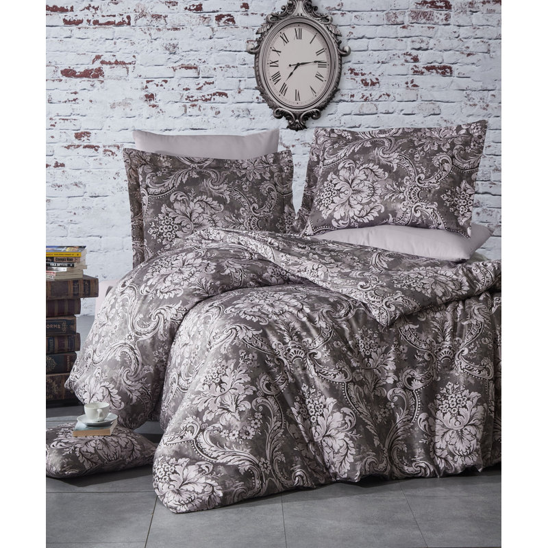 Cotton Satin Damask Duvet Cover, Beige/Brown, 155 x 220 cm - 1 Pillowcase 50 x 70 cm