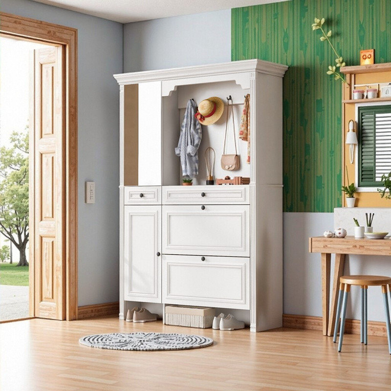 54.7" Entryway Hall Tree With Mirror, Shoe Storage Bench, 4 Flip Drawers, 2 Cabinets & Hooks,  Entry Organizer