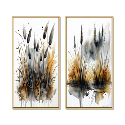 «Pampas Grass by the Pond at Sunset - Abstract Botanicals», ensemble de 2 reproductions sur toile