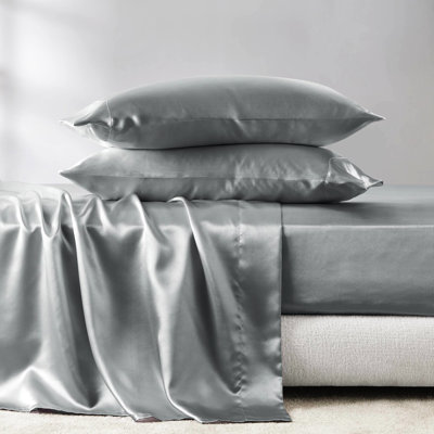 Twin Grey 100% Satin Sheet - Luxury, Wrinkle , Reduces Hair Breakage, , 1 Flat 66"W X 96"L Sheet, Fitted 4 Pillowcases Smooth & Silky,