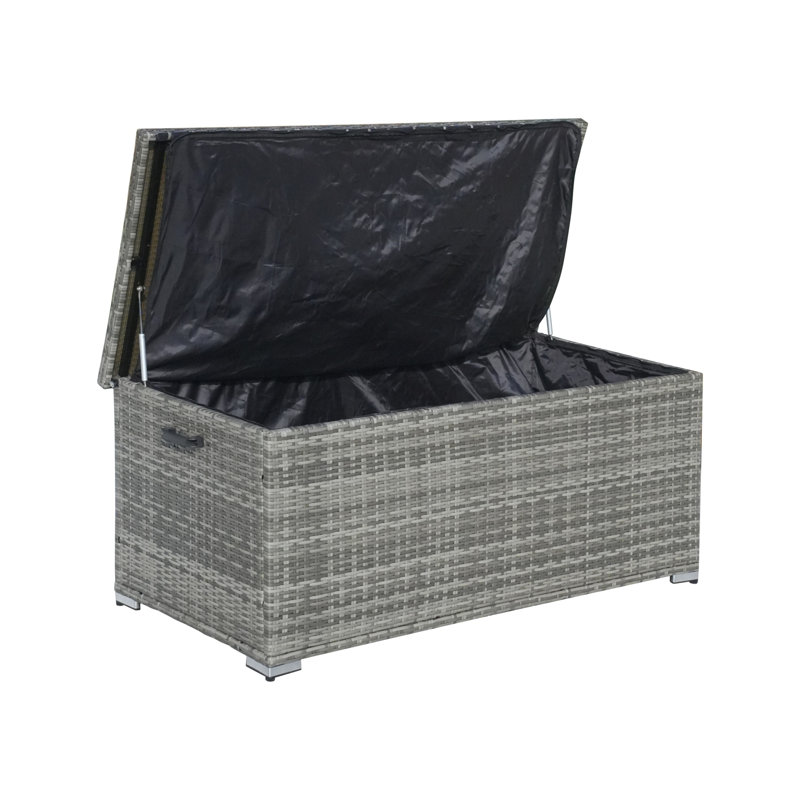 Large Outdoor Wicker Storage Box – Frame, Waterproof Liner, Dual Gas Lifts, 22" H x 48" W x 22" D, Gray