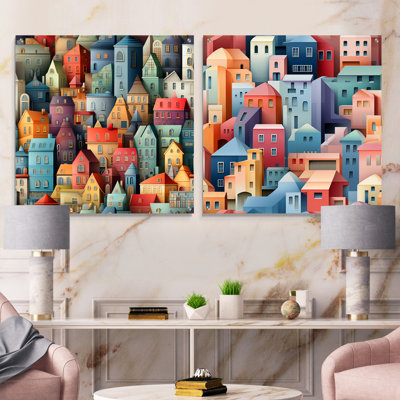 Urban Buildings In Soft Pastel Colors I - Ensemble de 2 peintures murales abstraites en acrylique