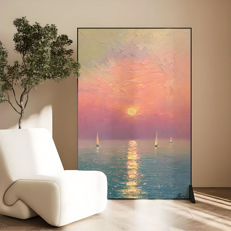 Paravent Sunrise Seascape, H 70,87 po x l 39,37 po x P 1,57 po, Bleu / noir / jaune / rose / orange / mauve