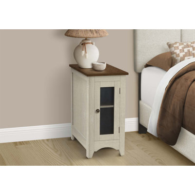 Table d'appoint étroite en placage antique avec rangement, parfaite pour les salons et les chambres à coucher comme table d'appoint ou de chevet.
