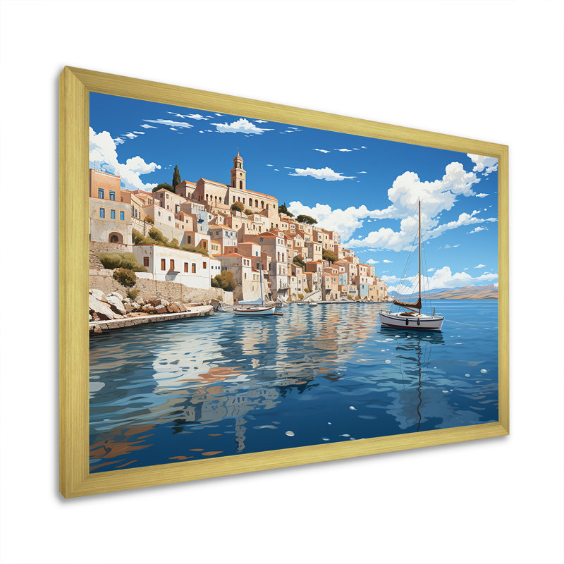 «Syros Serenityscape III - Port Landscape Coastal», art mural, Cadre doré à coins fermés, H 24 po x l 32 po x P 1 po