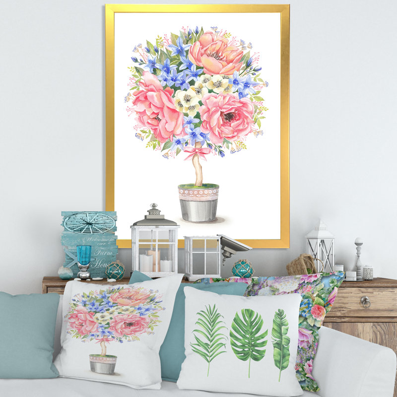 Flower Tree In A Pot With A Bow - Reproduction de photo sur toile, H 40 po x l 30 po x 1,5 po, Encadrement doré