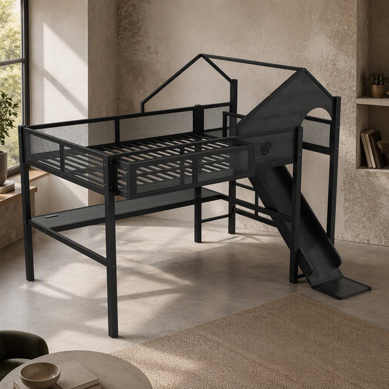 Lit mezzanine en métal (taille standard) avec glissade, bureau, étagères de rangement, ports USB et éclairage DEL