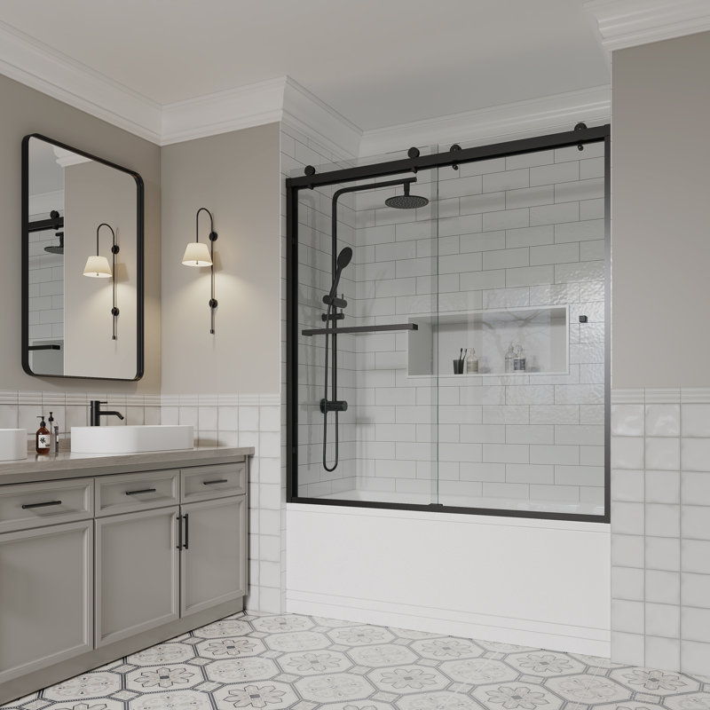 56" - 60" W x 64"H Frameless  Double Sliding Glass Tub Shower Doors | 5/16" (10mm) Clear Tempered Glass | Leak-Proof Precision | Durable Stainless Steel Hardware | Perfect Adjustment Uneven Walls