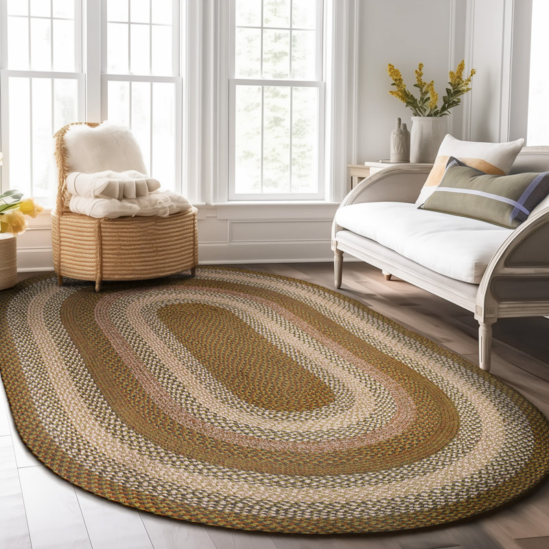 Bryiana Farmhouse Braided Jute Green Area Rug, Oval 3' x 5'