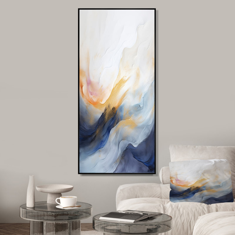 Tempête de marbre bleue et jaune III - art mural abstrait, Cadre flottant noir, H 32 po x l 24 po