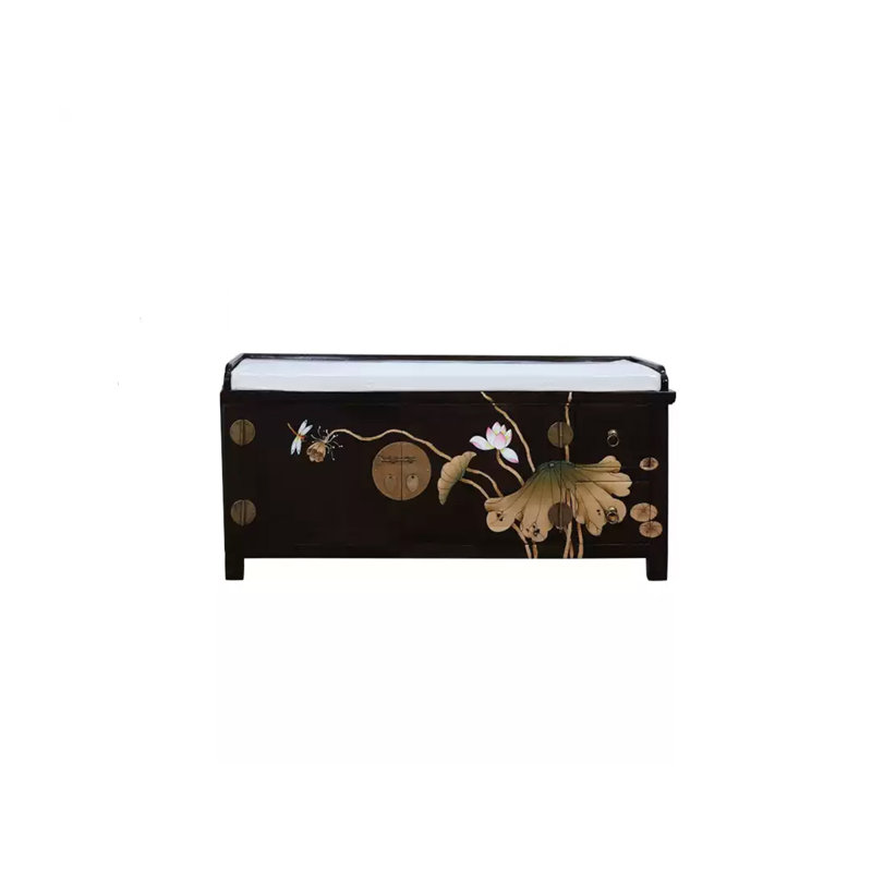 Solid Wood Traditional Hand-Painted Copper Lock Shoe Storage Bench, Black/Lotus