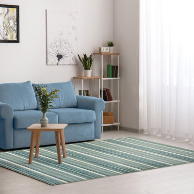 Tapis rayé bleu / vert / blanc en laine tissé à la main Alayana