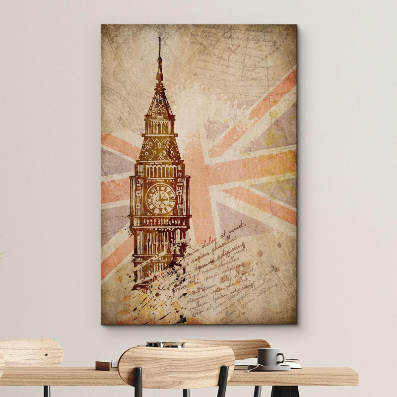 Drapeau rétro rétro Union Jack Big Ben, H 24 po x l 16 po x P 1,5 po