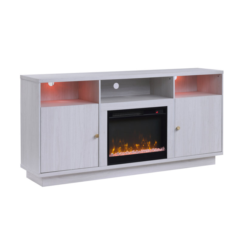 Ambrose 70"W White Walnut Finish Fireplace Console TV Stand With Heater, LED Light, Cabinets, Shelves