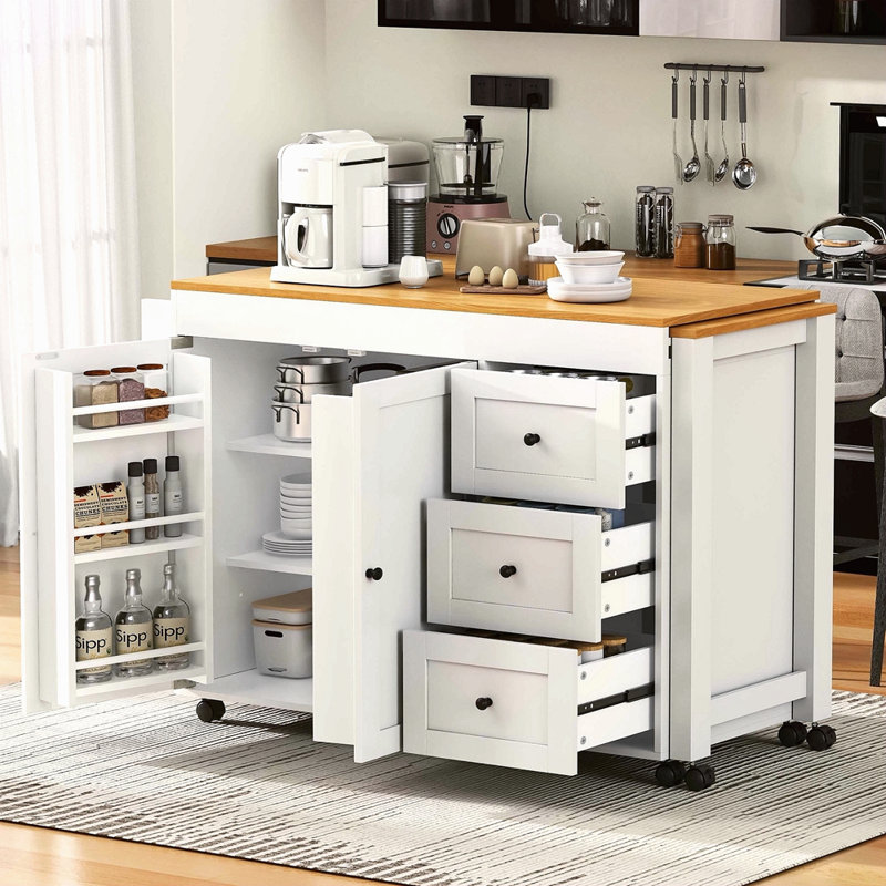 74.8" Kitchen Island With Extendable Dining Table, Kitchen Storage Cart With 3 Drawers, Power Outlet, Rolling Kitchen Island On Wheels With Spice Rack And 2 Door Cabinet, For Kitchen