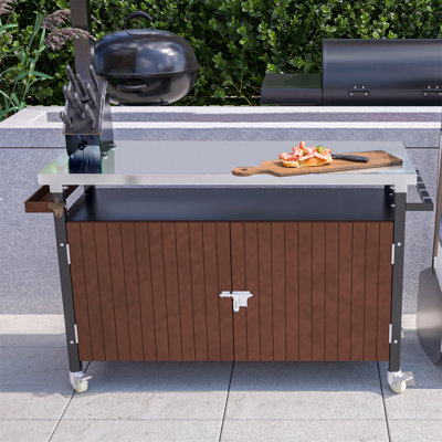 Chariot de barbecue extérieur avec plateau en acier inoxydable, rangement, îlot de cuisine de patio avec roulettes, crochets et support à épices, table de barbecue extérieure imperméable, chariot de service mobile pour barbecue