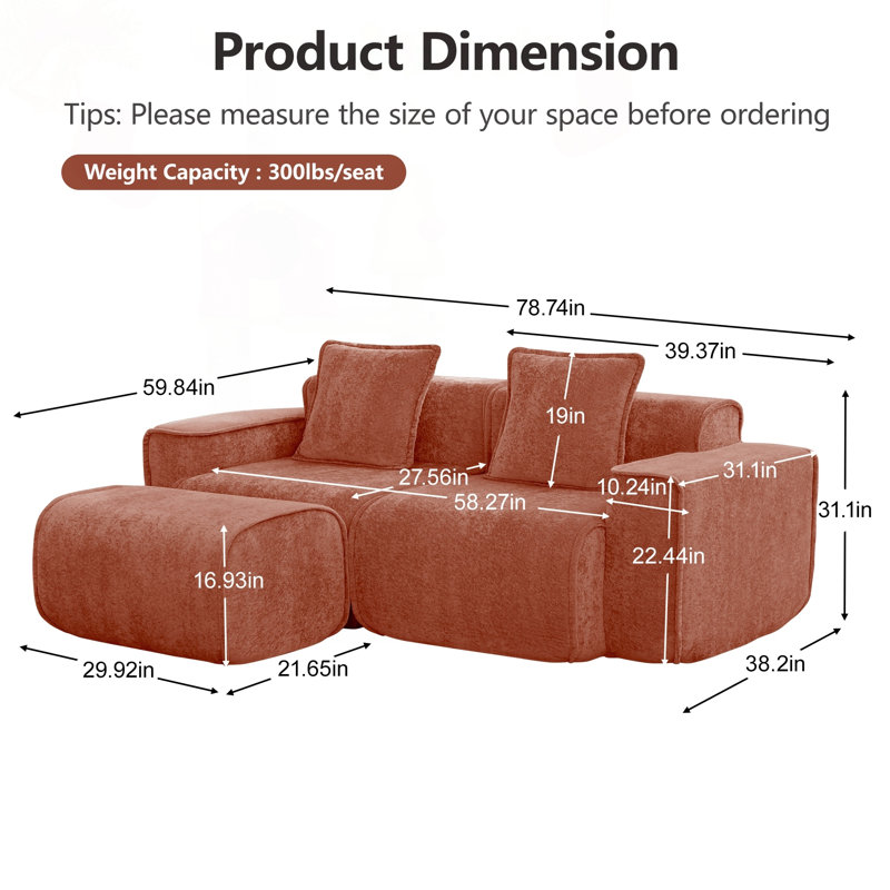 Canapé modulaire en L à 2 places avec passepoil français et tissu en velours, 78.74" W, Red