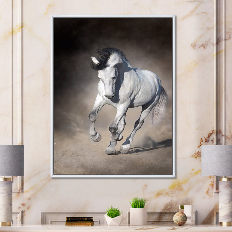 «White Horse With Long Manes Run Galop On Desert», peinture sur toile, H 20 po x l 12 po, Toile à cadre flottant blanc