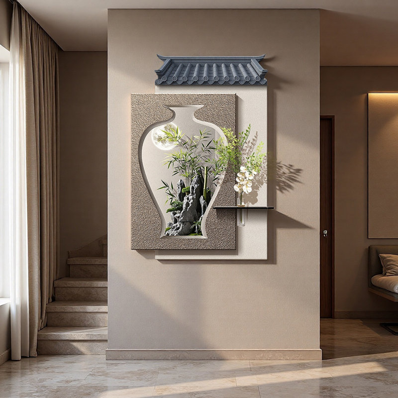 New Chinese-Style Sandstone Hydroponic Green Plant Display With Illuminated Murals, 41.34" H x 27.56" W x 1.57" D
