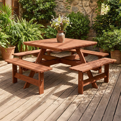 8-Seat Square Solid Wood Picnic Dining Set