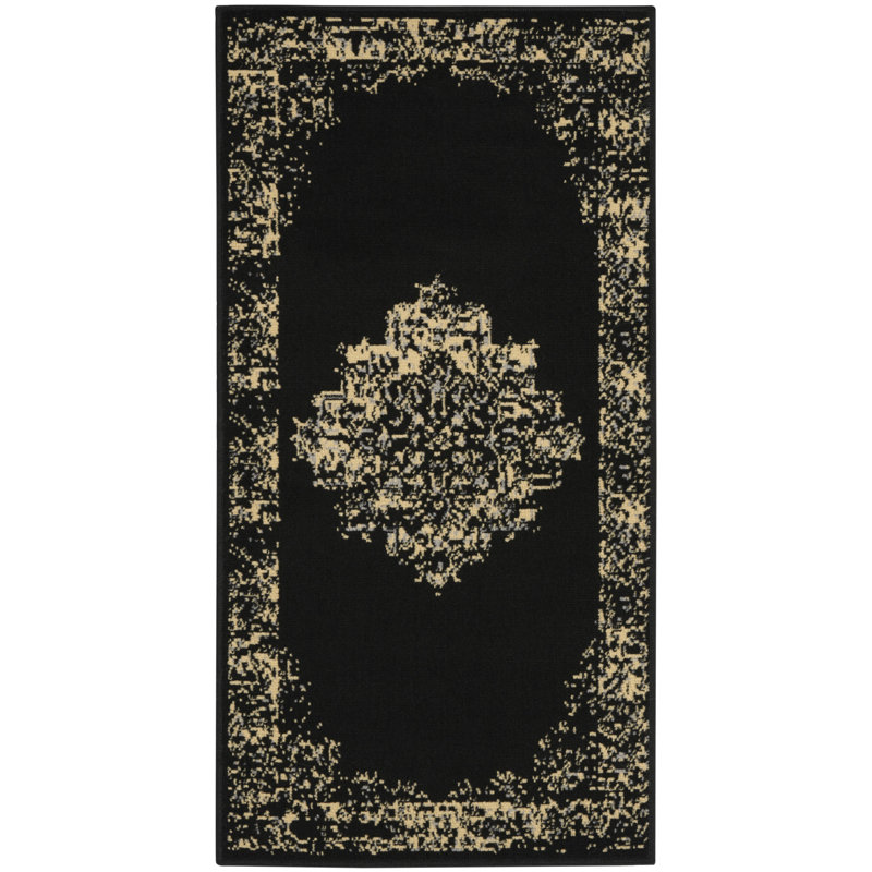 Burnie Oriental Black/Cream Area Rug, Rectangle 2' x 4'
