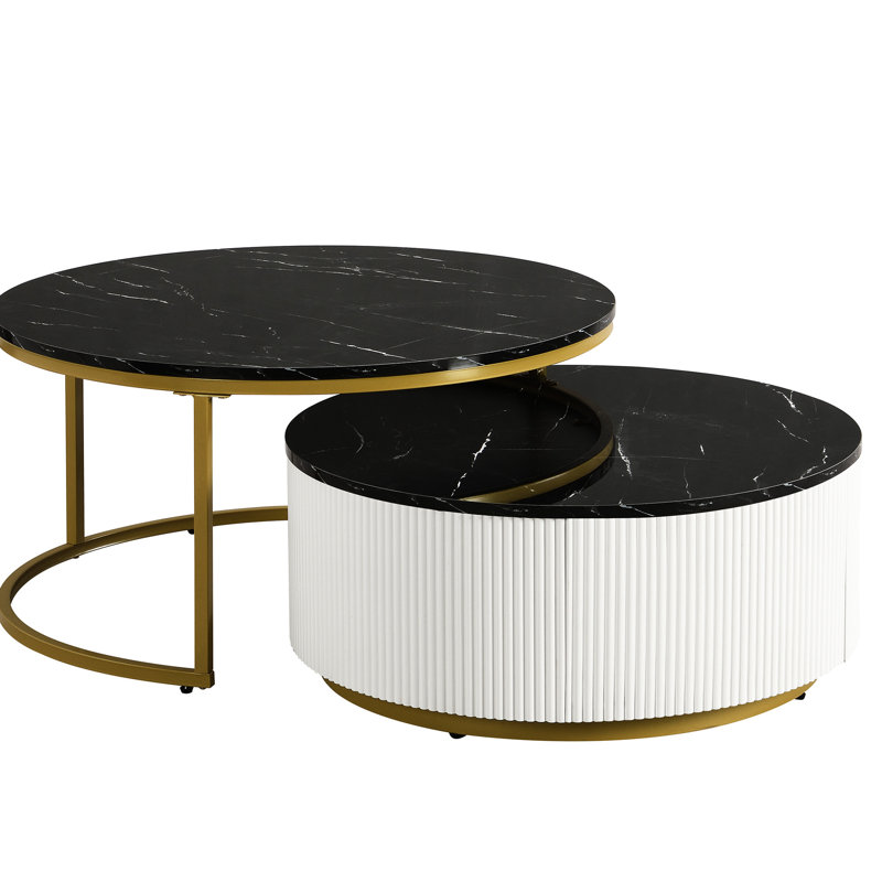 Élégante table basse gigogne noire et dorée avec tiroir - Texture cannelée, élégance moderne, Noir
