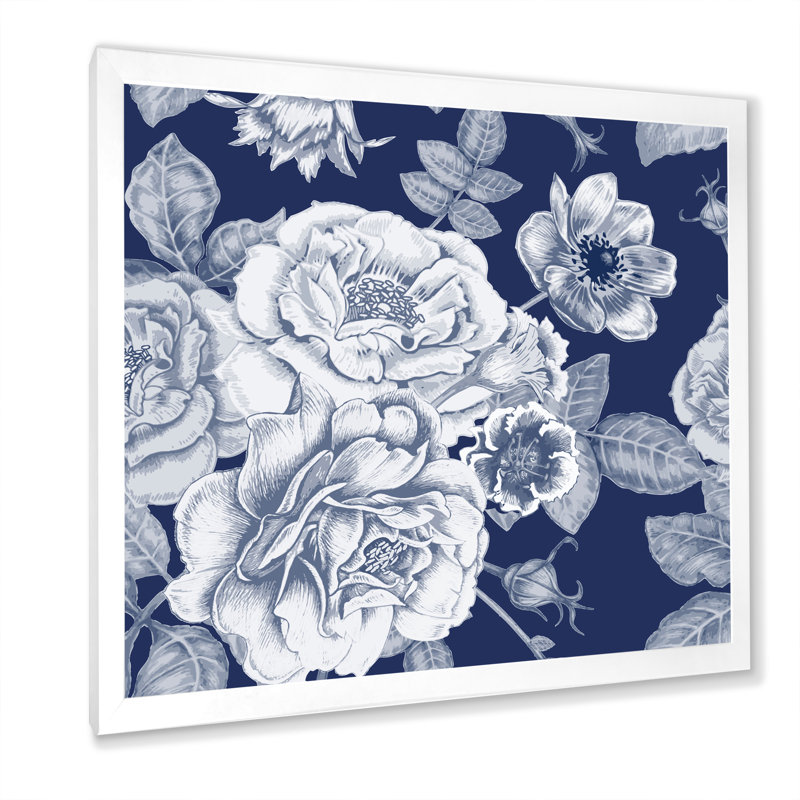 «White Vintage Flowers On Classic Blue I», reproduction d'art sur toile, H 16 po x l 16 po x P 1 po, Cadre photo blanc