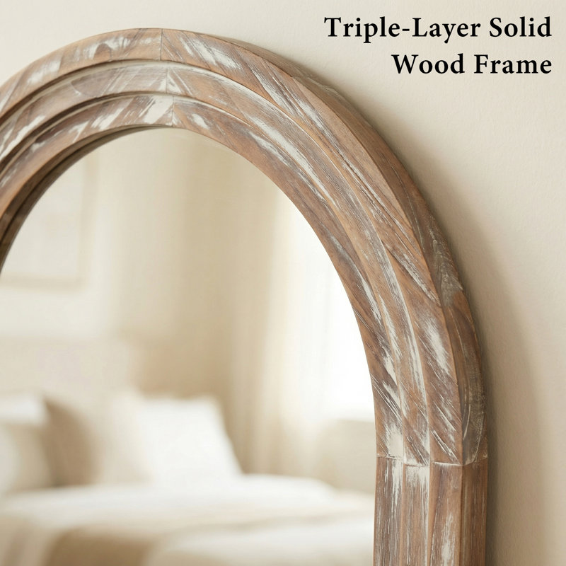 Arched Solid Wood Full Length Mirror, Antique White Wash