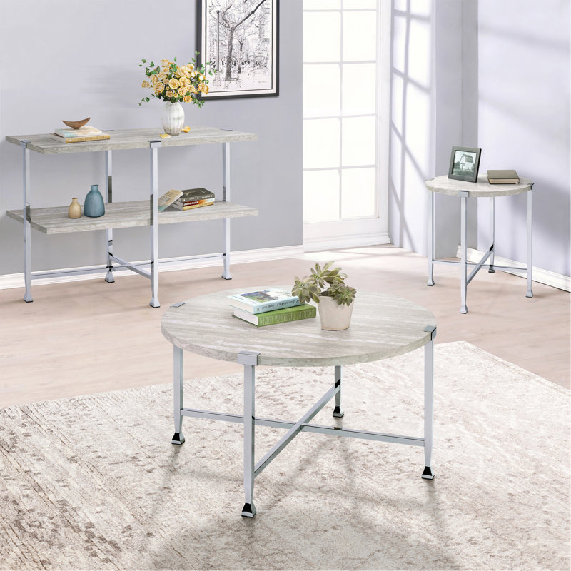 Table basse ronde en chêne blanc et chrome