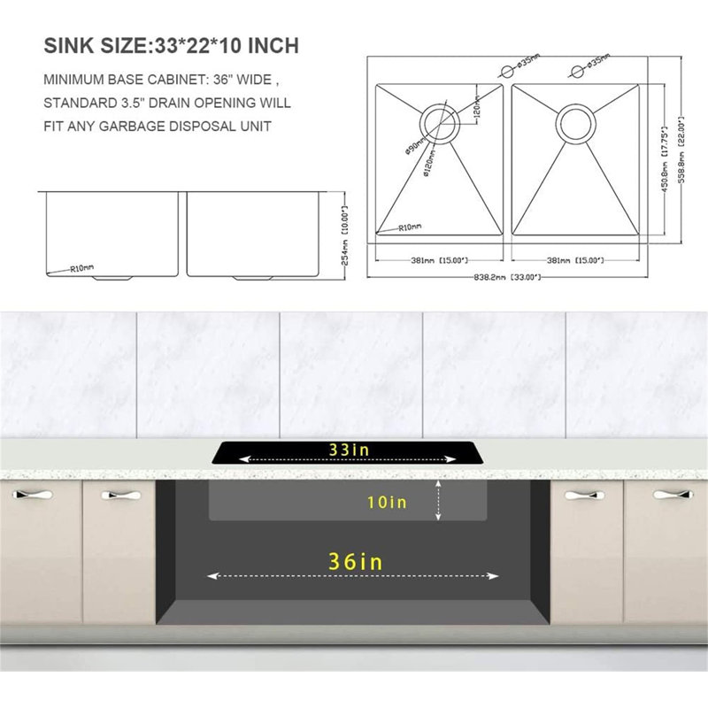 33" L x 22" W Drop-in Double Bowl 50/50 Sink 16 Gauge Stainless Steel Kitchen Sink Topmount Sink, Stainless Steel