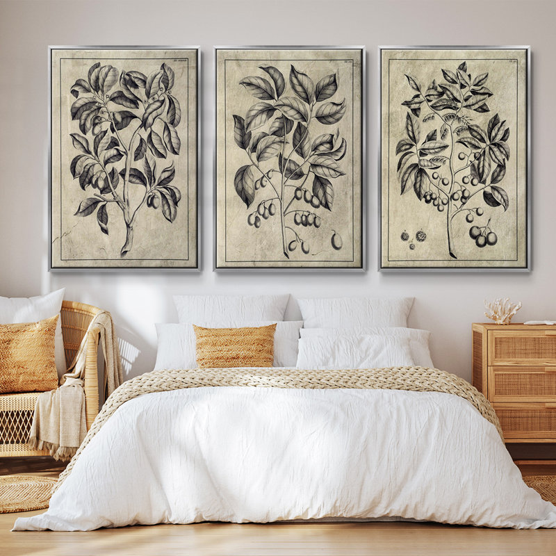 Ensemble de 3 pièces encadrées sur toile embellies Antique Foliage I, Encadrement argenté, H 40 po x l 78 po