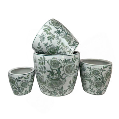 Ensemble de 4 pots à fleurs Kerry, motif floral vert, céramique blanche