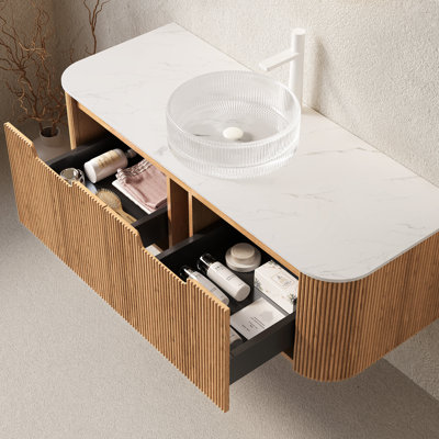 Meuble-lavabo 48 po avec lavabo rond transparent, armoire en bois naturel rayé 3D, 2 tiroirs, facile à installer